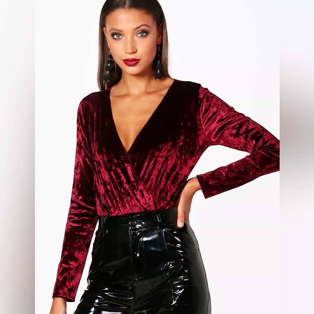 Tall Crushed Velvet Wrap Bodysuit Boohoo - color Wine, size 4